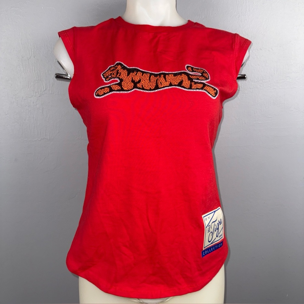 Le Tigre Isabella Rhinestone Sleeveless T-Shirt Women's L Red Sporty Open Back